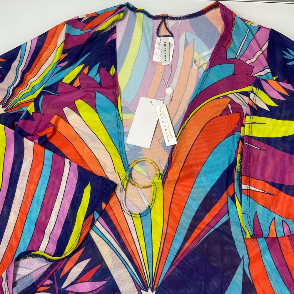 Trina Turk Womens Large Multicolor Mesh Swim Cover Up Dress NEW Tropical Ring V